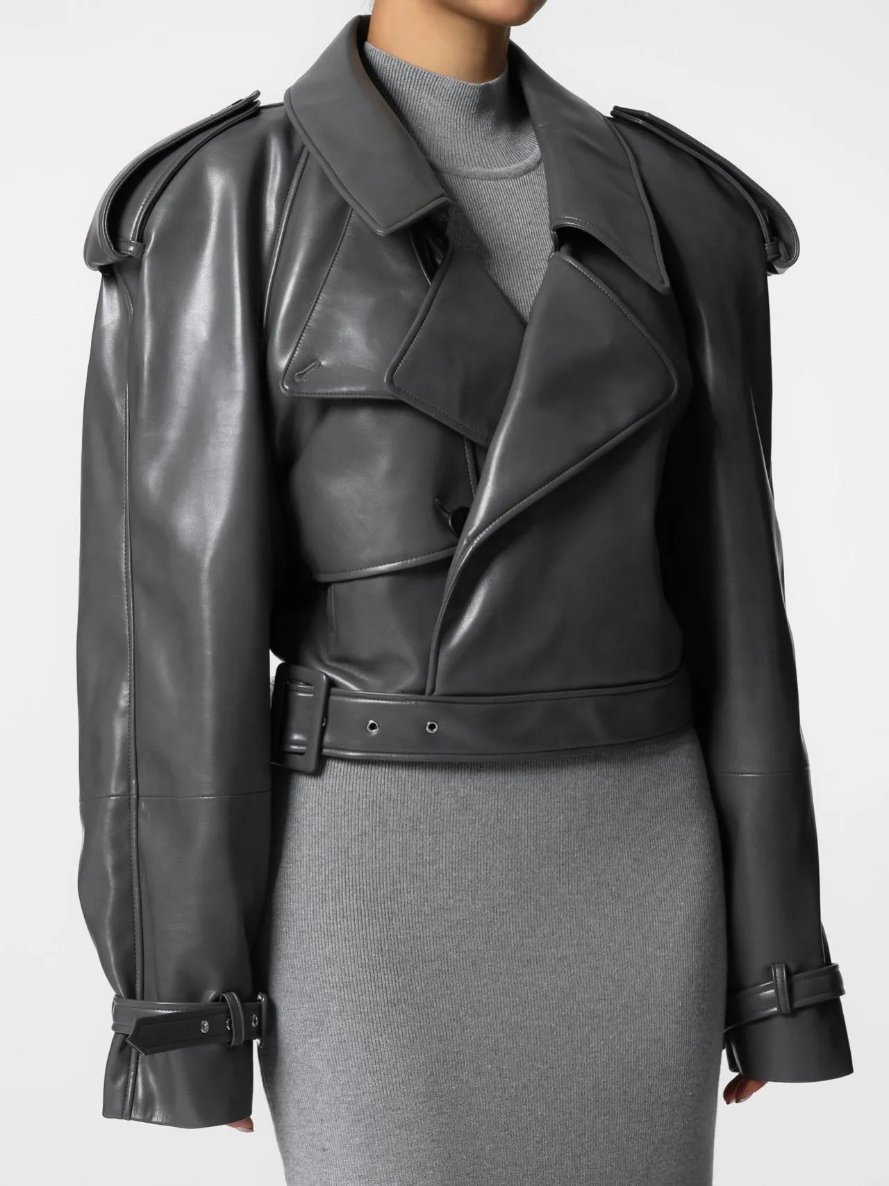 BELTED CHUNKY CROPPED VEGAN LEATHER TRENCH