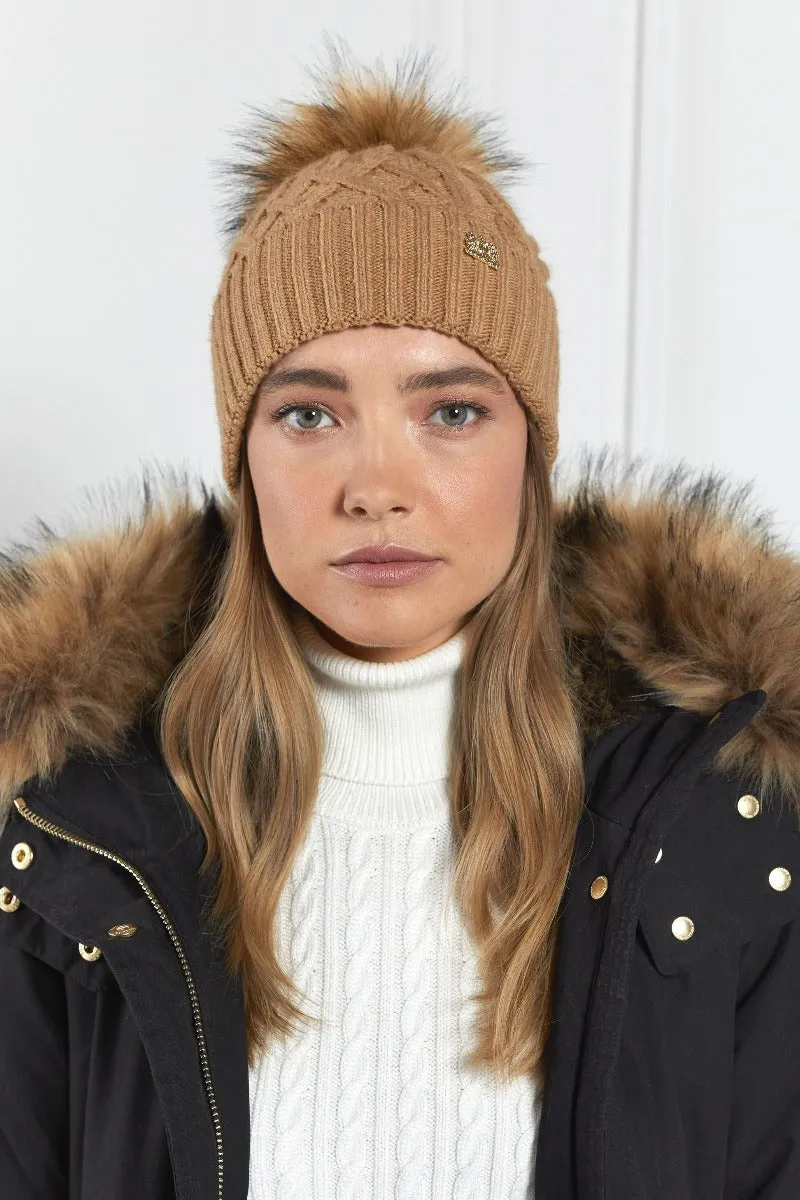 Holland Cooper Windsor Ladies Bobble Hat in Camel Marl