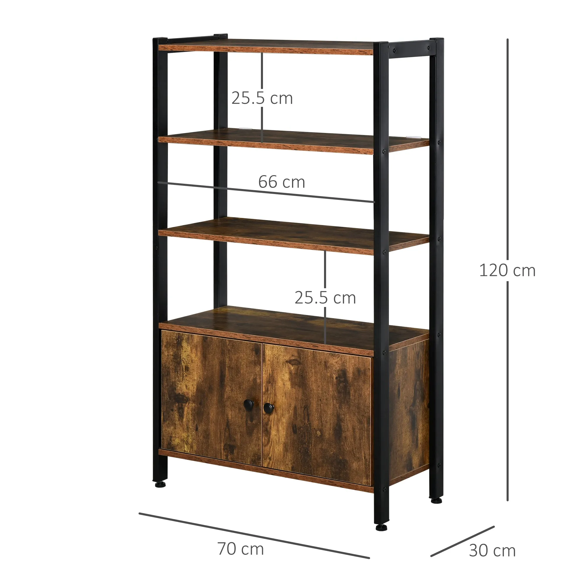 Industrial Bookshelf, Storage Cabinet with 3-Tier with Doors, for Home Office, Living Room Rustic Brown