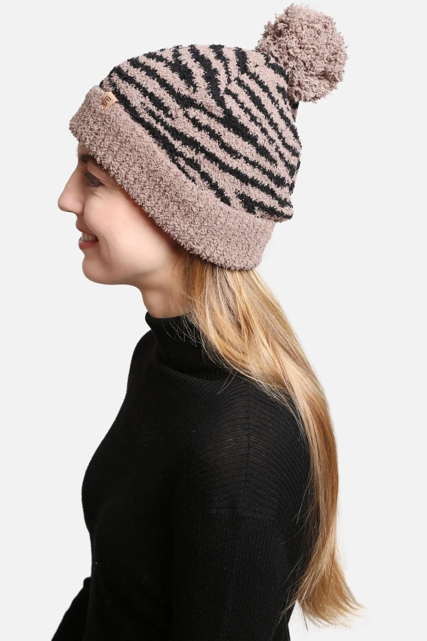 JH307 Super Lux Lined Pom-Pom Zebra Beanie