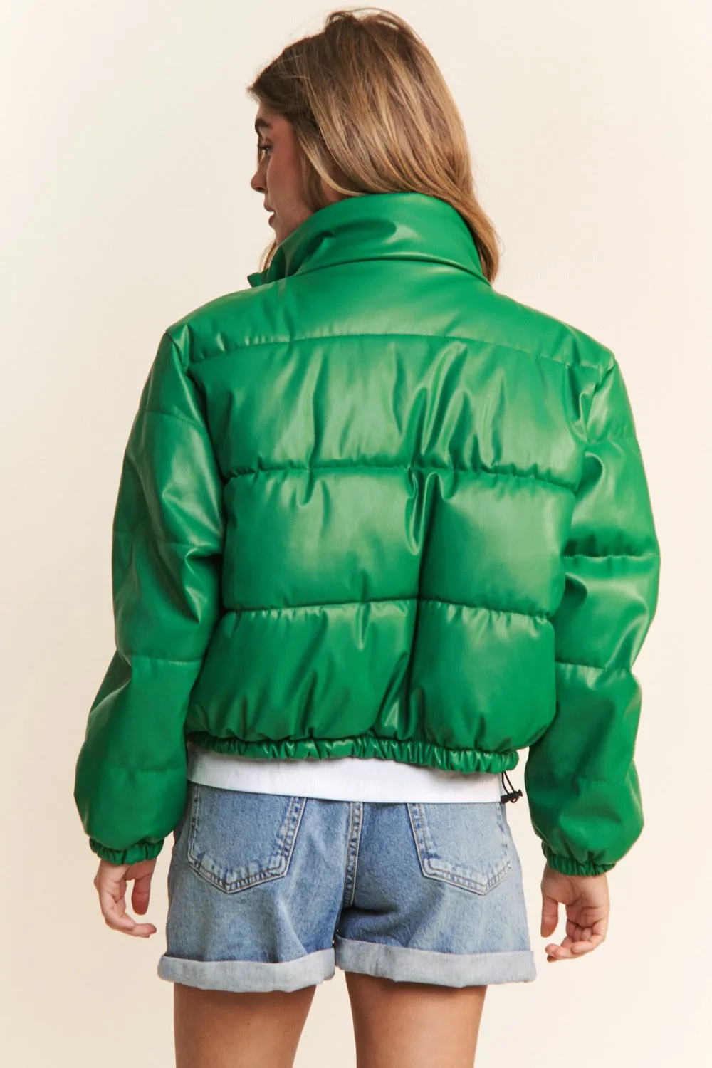 J.NNA Turtleneck Snap and Zipper Closure Crop Puffer Jacket