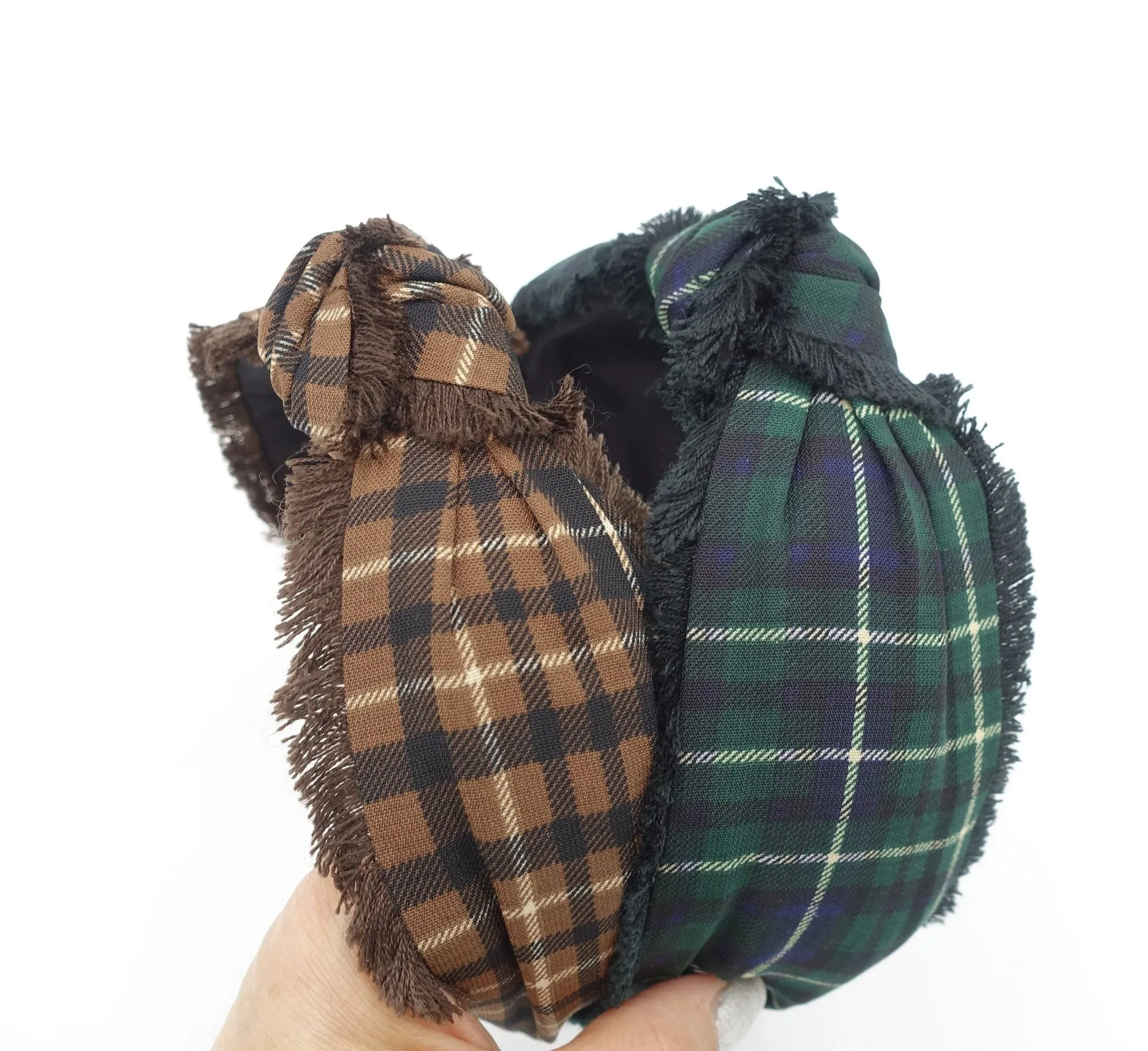 plaid check top knot headband  fringe trim hairband hair accessory for women