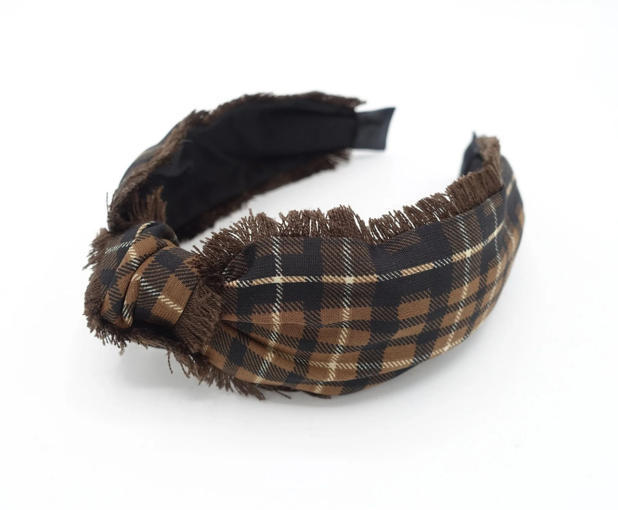 plaid check top knot headband  fringe trim hairband hair accessory for women