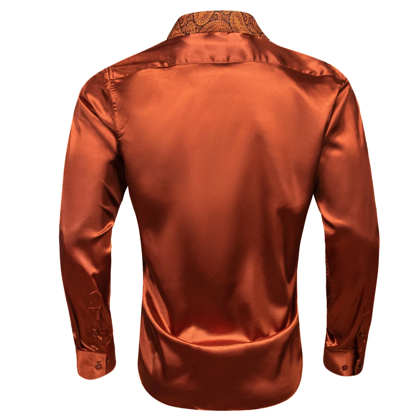 Splicing Style Burnt Orange Solid with Paisley Edge Men's Long Sleeve Shirt