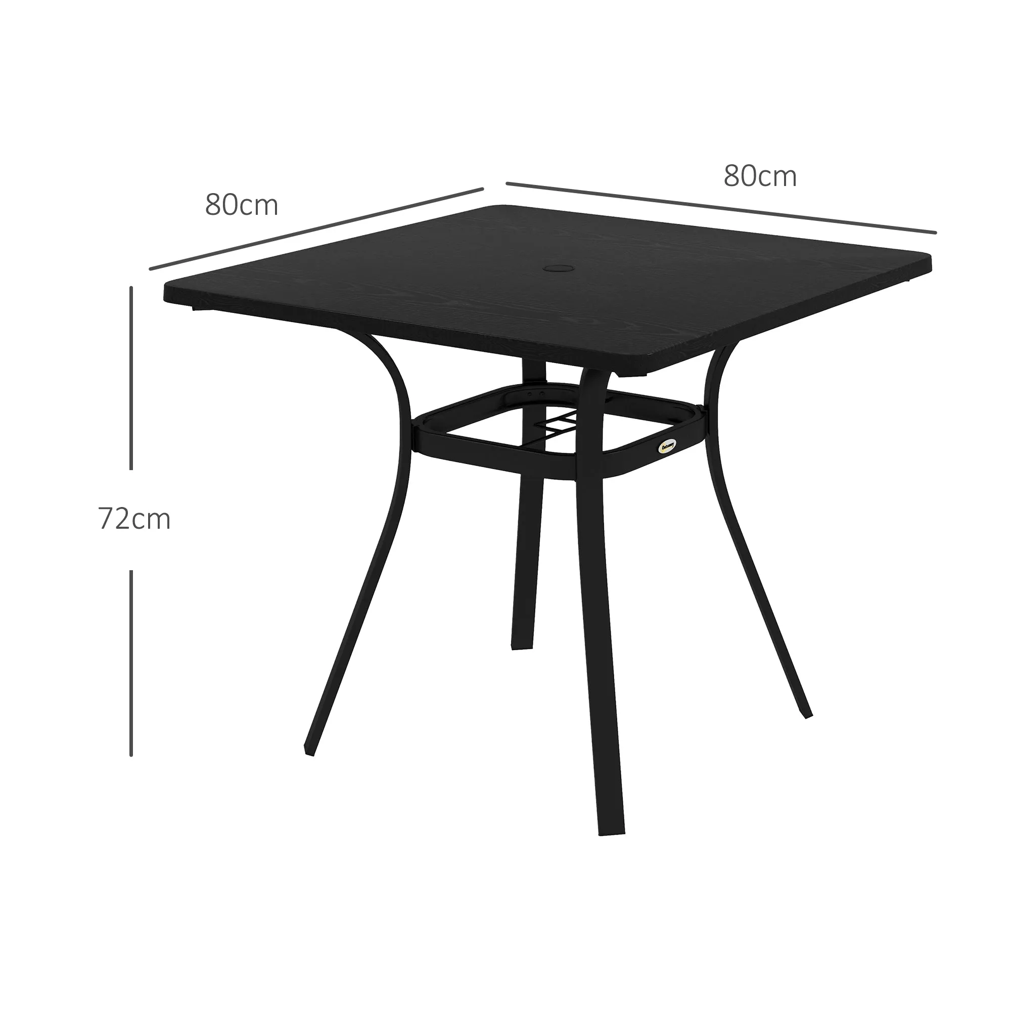 Steel Frame Garden Table with Metal Tabletop, Foot Pads, Umbrella Hole, Modern Design, for Balcony, Porch, Black