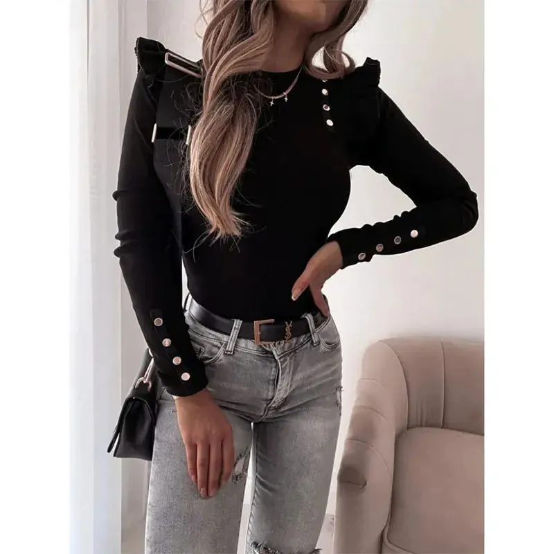 Trendy Button Decor Long Sleeve Knitted Blouse