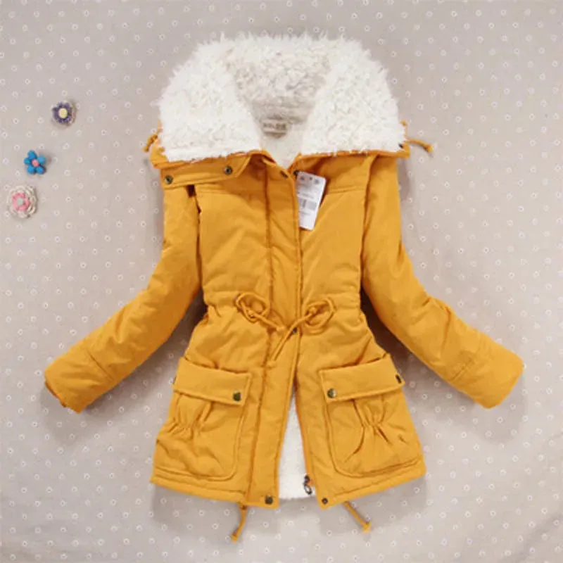 Women Winter Jacket Thick Hooded Long Down Coat with Slimming Waist Fur Collar Windproof