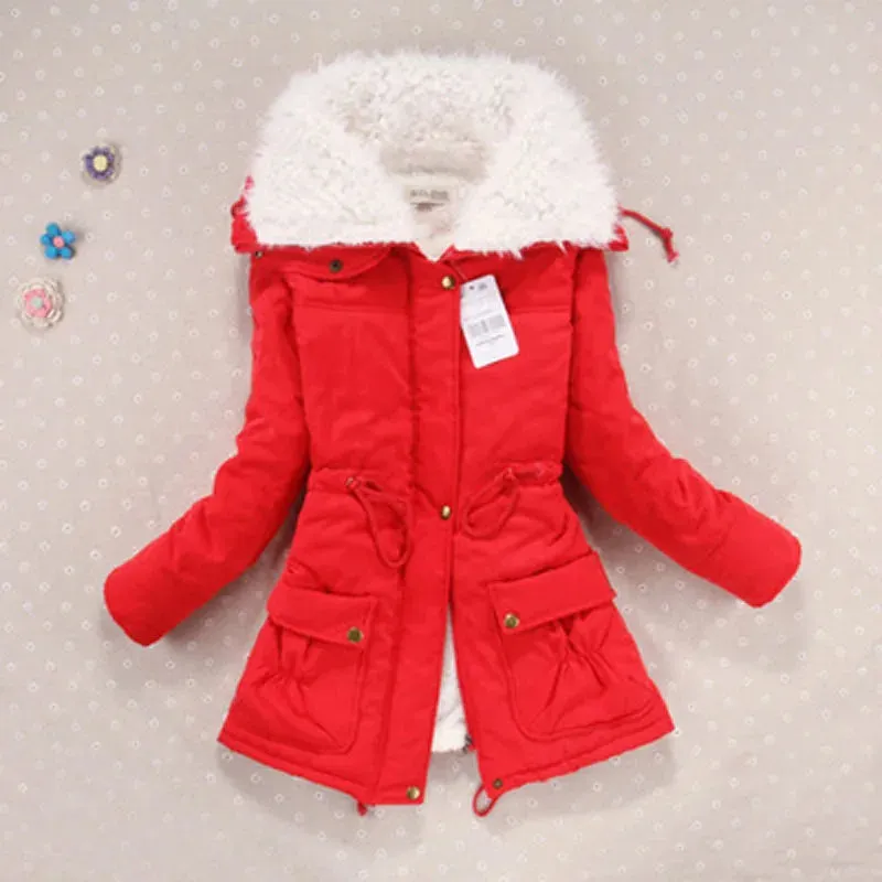 Women Winter Jacket Thick Hooded Long Down Coat with Slimming Waist Fur Collar Windproof