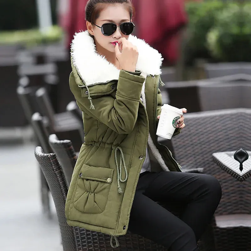 Women Winter Jacket Thick Hooded Long Down Coat with Slimming Waist Fur Collar Windproof