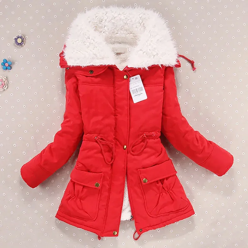 Women Winter Jacket Thick Hooded Long Down Coat with Slimming Waist Fur Collar Windproof