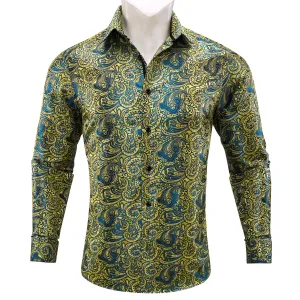 Yellow Blue Paisley Silk Men's Long Sleeve Shirt