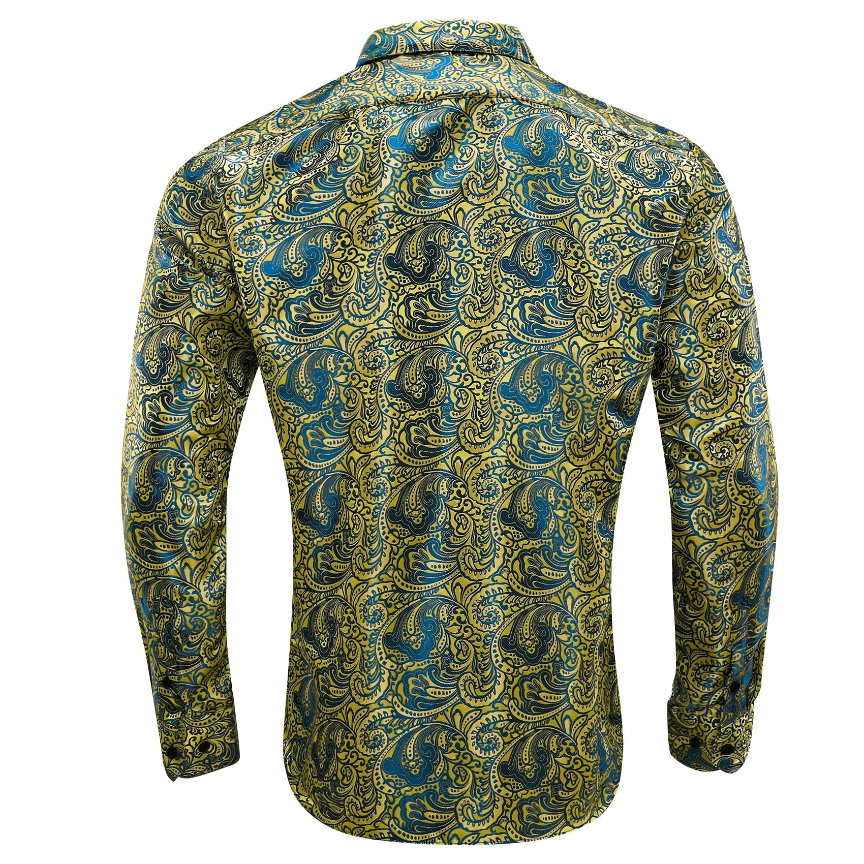 Yellow Blue Paisley Silk Men's Long Sleeve Shirt