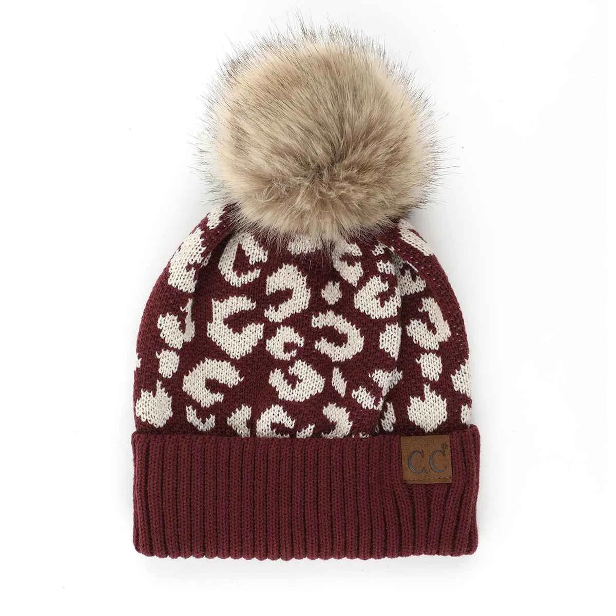 YJ2091 Audrey Leopard Pattern Pom Beanie